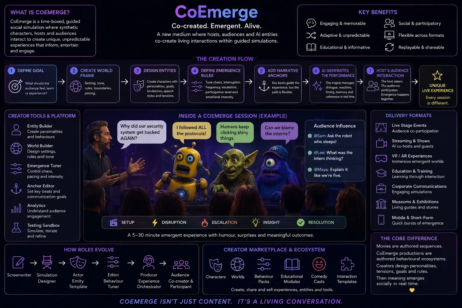 CoEmerge concept visual showing hosts, audiences, and synthetic characters co-creating emergent interactive performances.