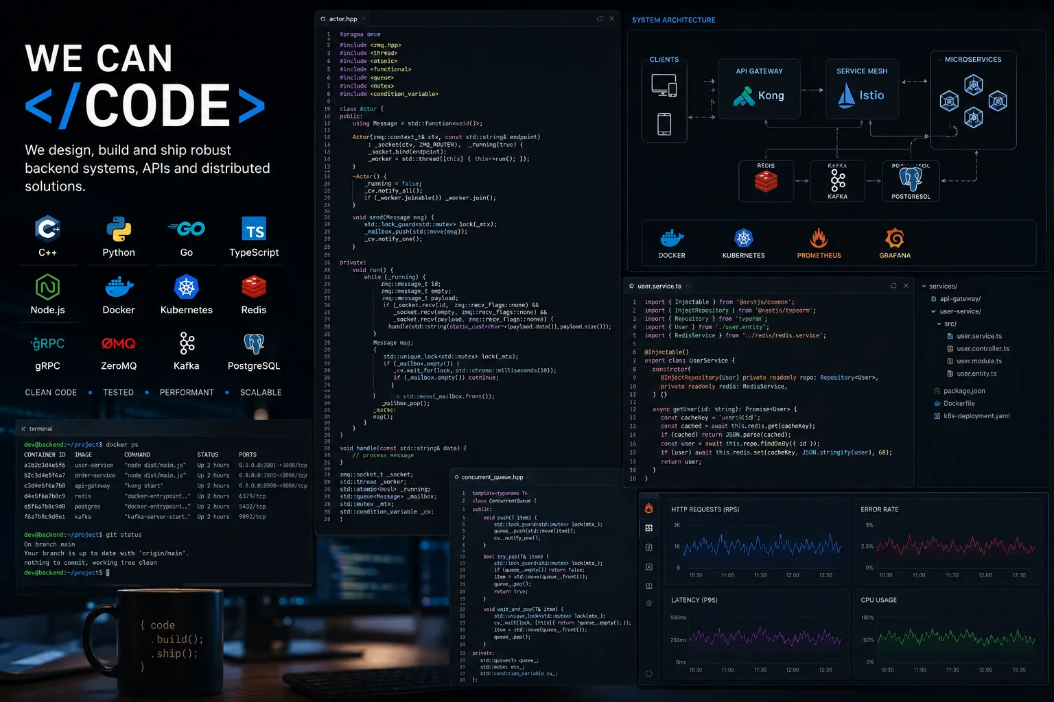 Backend services and APIs visual representing application logic, coding, and connected systems.