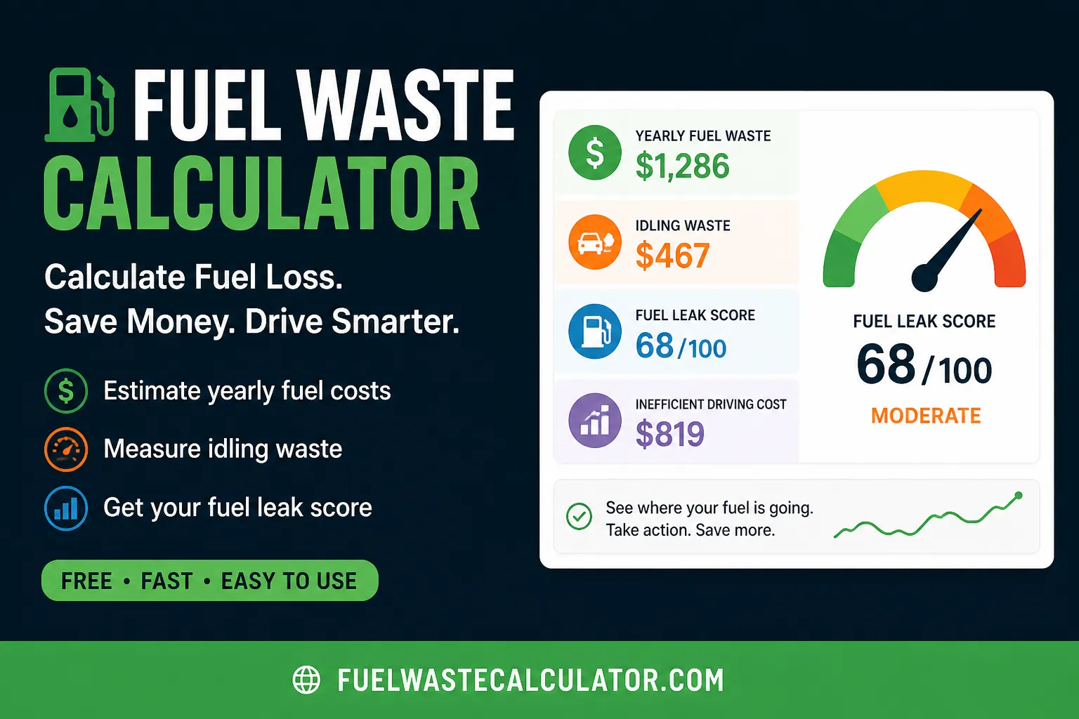 Fuel Waste Calculator preview showing yearly fuel waste, idling waste, and a fuel leak score dashboard.