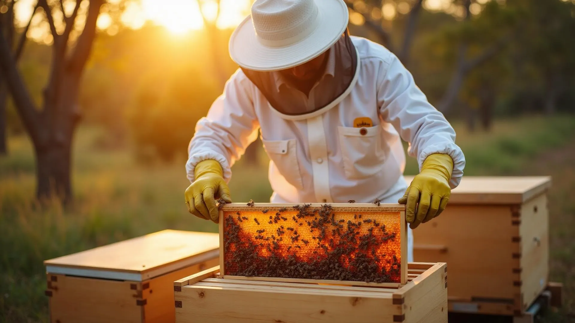 HiveKeep site visual showing a beekeeper inspecting a hive at sunset.