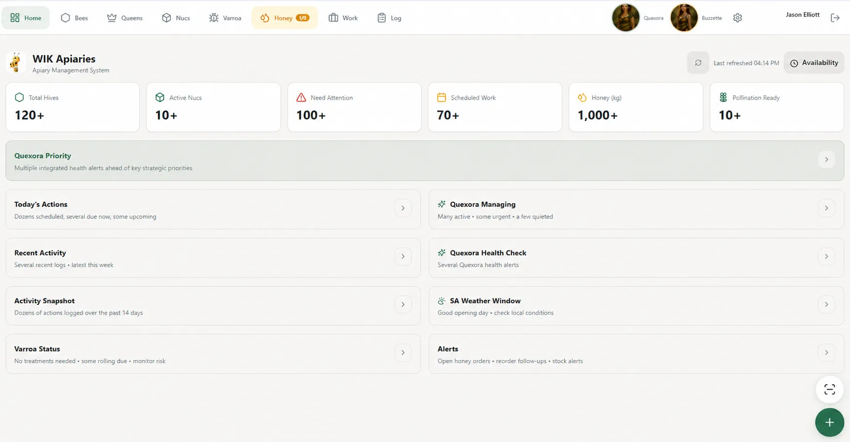 WIK Apiaries OS preview showing an apiary operations dashboard for inspections, field data, and management workflows.